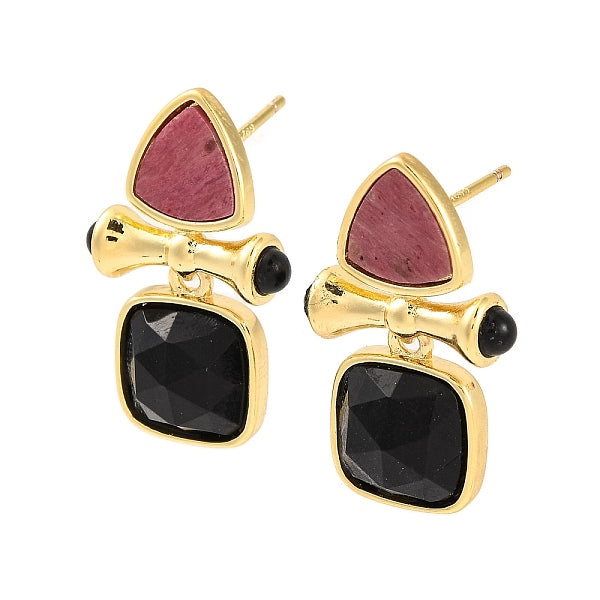 Boucles d'oreilles à tige en agate noire naturelle teintée et chauffée et en rhodonite naturelle avec placage ionique (IP)