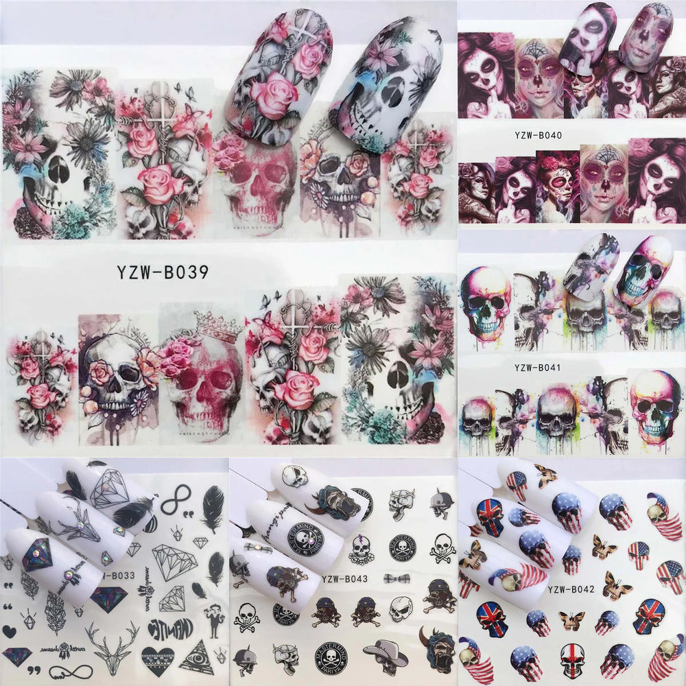 Update Self-Adhesive Halloween Stickers Cool Skull Nail Sticker Decals For Nails Art Decorations Finger Beauty Wraps