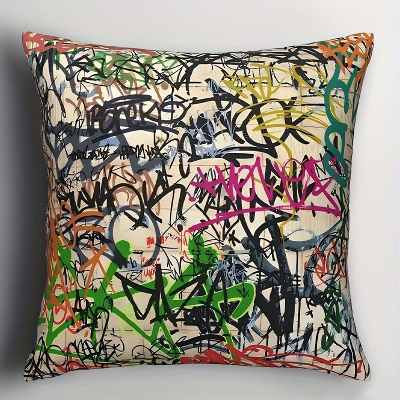 TEMU 1pc Memnun Street Graffiti Pillow Cover, 18x18in Double-sided Printed , Industrial Style Polyester Decorative Throw Pillowcase For Room Types,