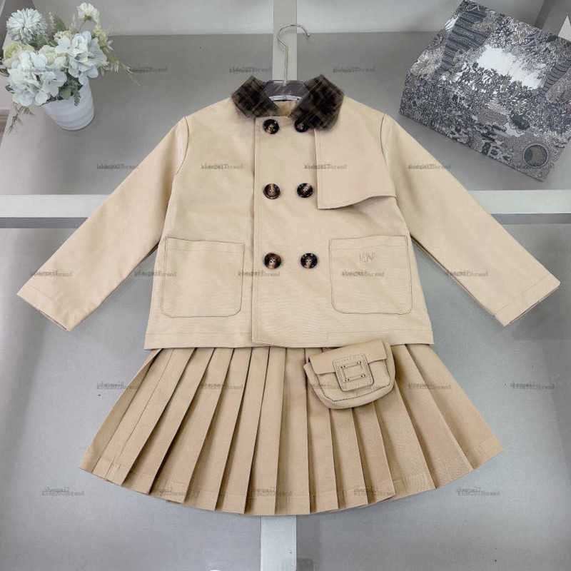 Top one girls dress Double-breasted buckle design Princess dress set kids designer clothes Long-sleeved baby jacket and skirts A087X03N033