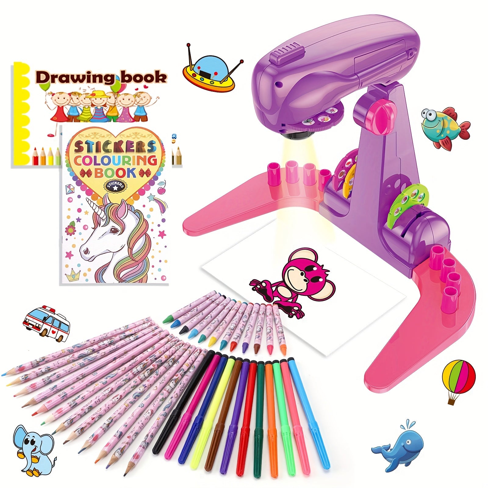 TEMU Drawing Projector, Art And Craft Kit, Toys For Girls Aged 3+, Including Colored Pencils, Crayons, Coloring Books, Drawing Stencil, Gift For 3+