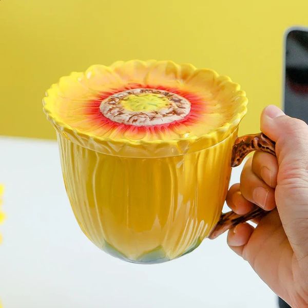 Yellow Sunflower Ceramic Coffee Cup Large Capacity Porcelain Tea Cup Gift Living Room Office Drinking Mug Cartoon Kids Mug Decor 240830