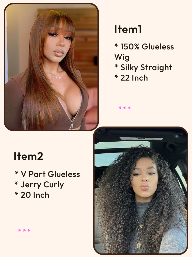 2 Wigs $209 for Chestnut Brown Straight 22" And V Part Jerry Curly 20" Wigs