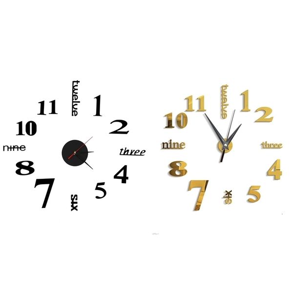 Vases 2 Pcs 3D Large Wall Clock Mirror Sticker Big Watch Home Decor Unique Gift DIY Gold Black 230701