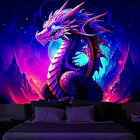 Blacklight Tapestry UV Reactive Glow in the Trippy Dragon Misty Nature Landscape Hanging Tapestry Wall Art Mural for Living Room Bedroom