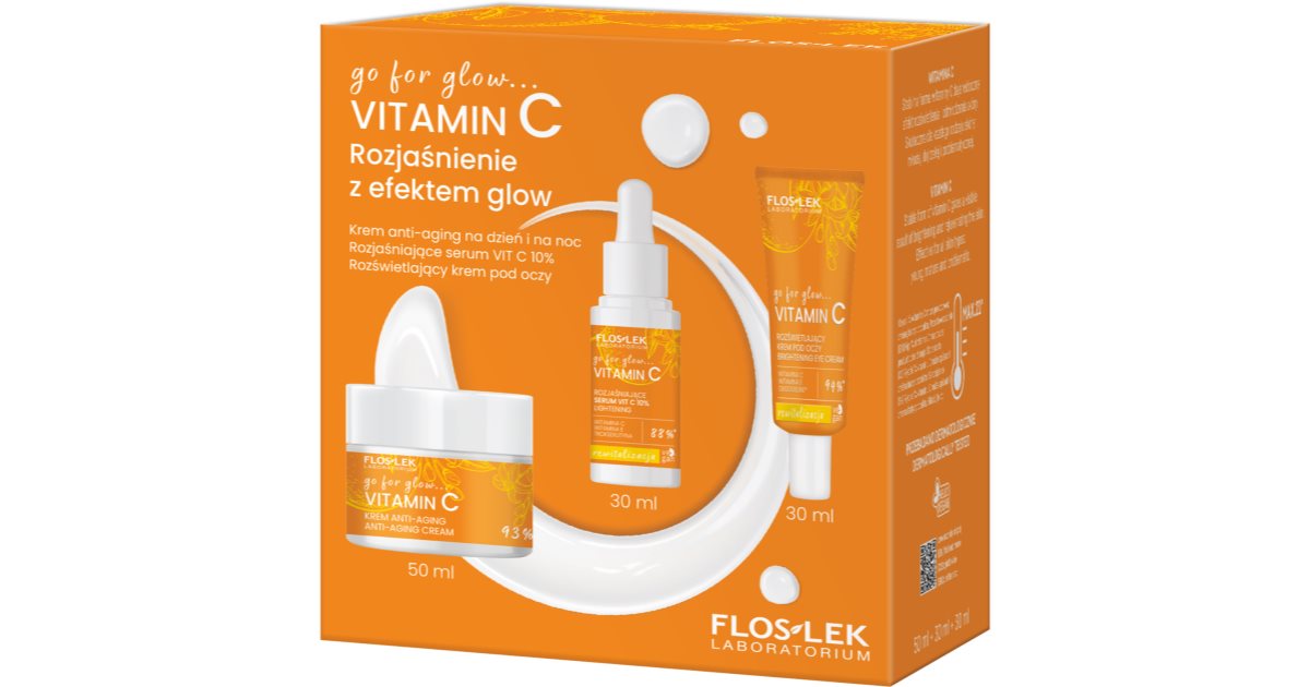FlosLek Laboratorium Go For Glow Vitamin C lysende gavepakke lysende dag- og nattkrem 50 ml + lett lysende øyekrem 30 ml + aktivt serum 30 ml
