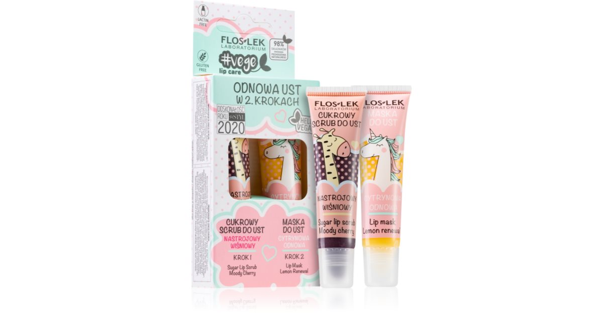 Floslek Laboratorium Kit pour les lèvres Vege Moody Cherry Gommage pour les lèvres + Masque pour les lèvres régénérateur au citron