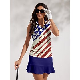 Women's Golf Polo Shirt Red Sleeveless Top Ladies Golf Attire Clothes Outfits Wear Apparel American Flag Golf Shirt