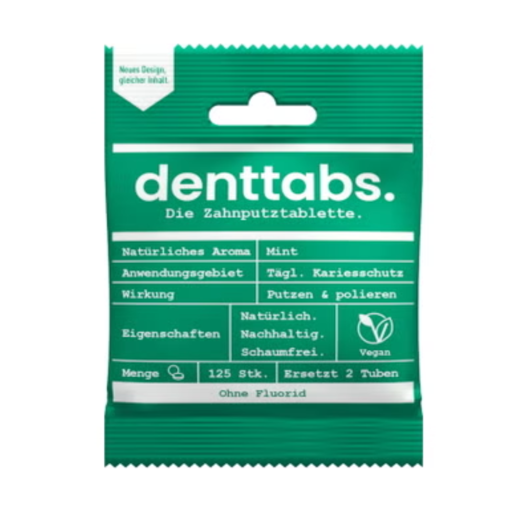 Denttabs. Zahnputztabletten - Stevia & Minze ohne Fluorid 125 Stück.