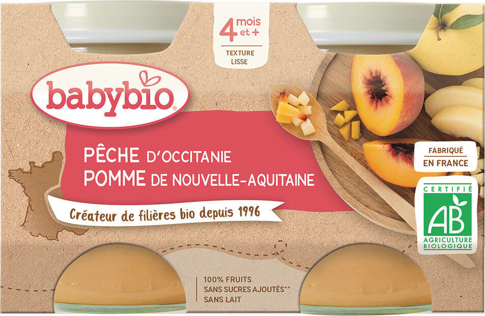 Borcane cu fructe Babybio - 4 luni și mai mult - Piersici, Măr - BIO 2x130 g