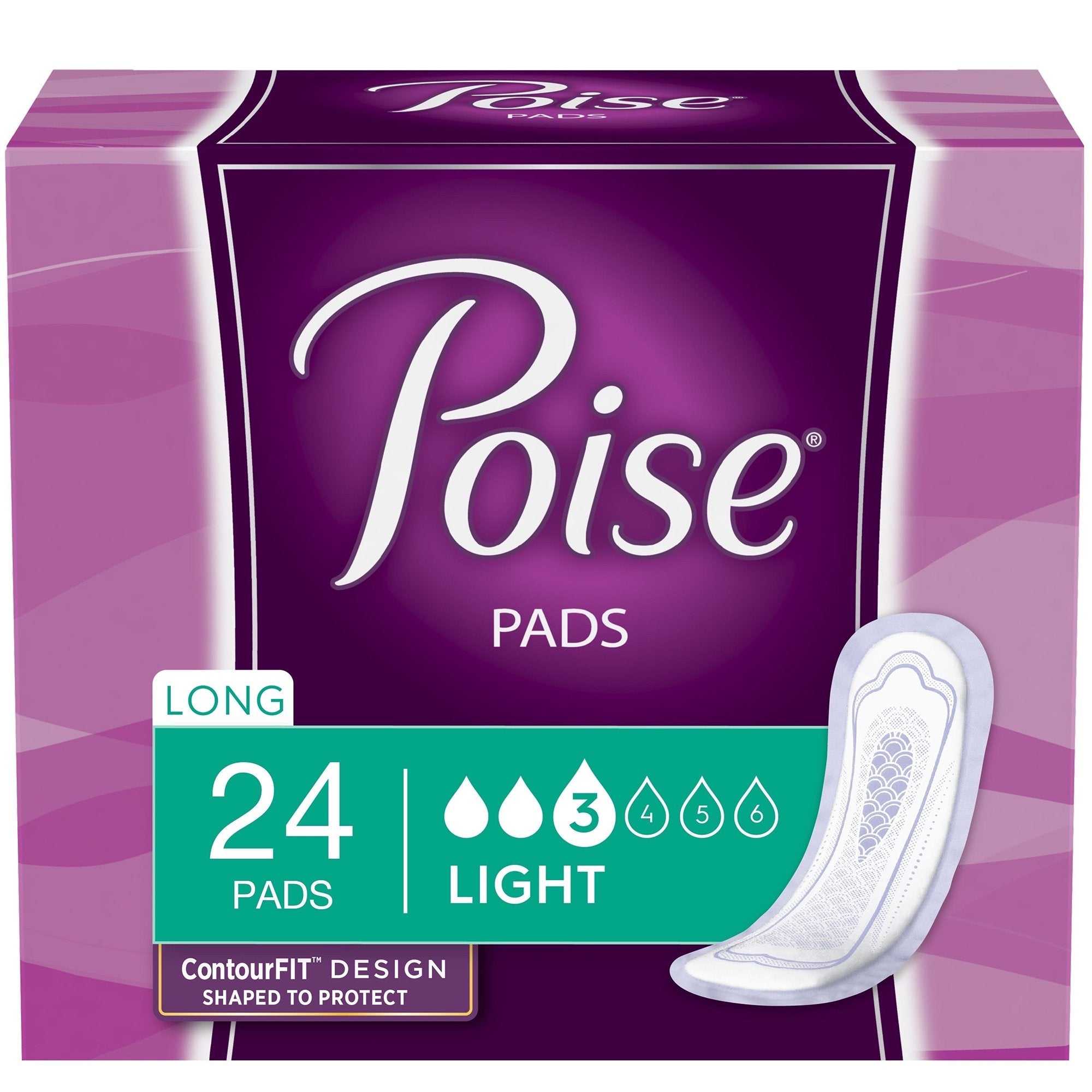 Poise Bladder Control Pad, Long, Light Absorbency, Disposable, Absorb-Loc Core, Female, One Size Fits Most, Pack of 24
