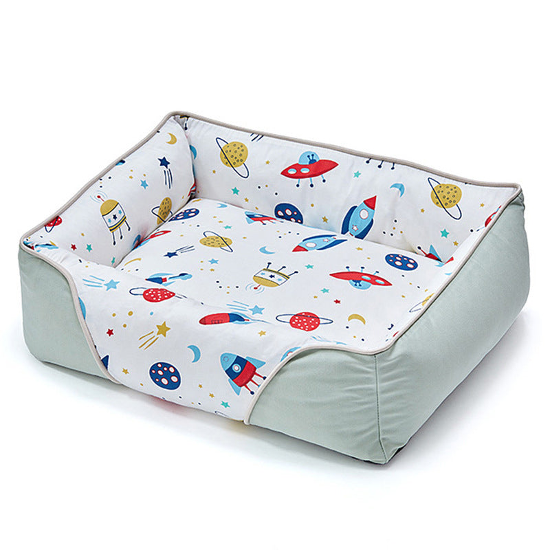 Cartoon Soft Neck Guard Dog Bed, Matcha Green - M