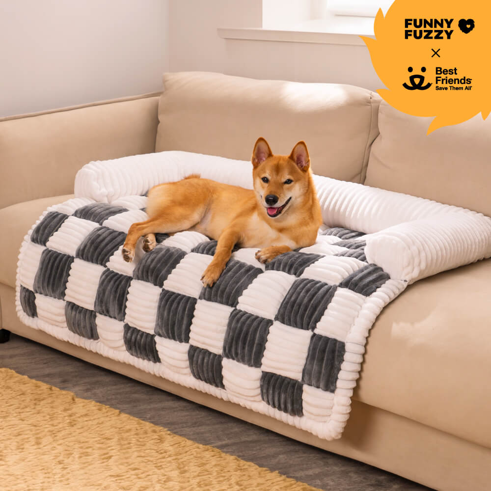 Cream Square Plaid Cozy Dog Mat Furniture Protector Cover, Grey - M