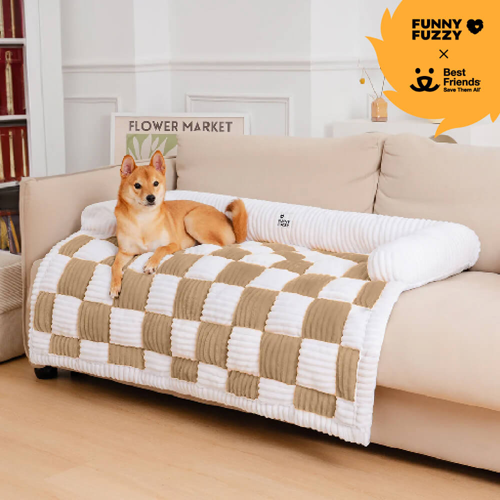 Cream Square Plaid Cozy Dog Mat Furniture Protector Cover, Coffee - M