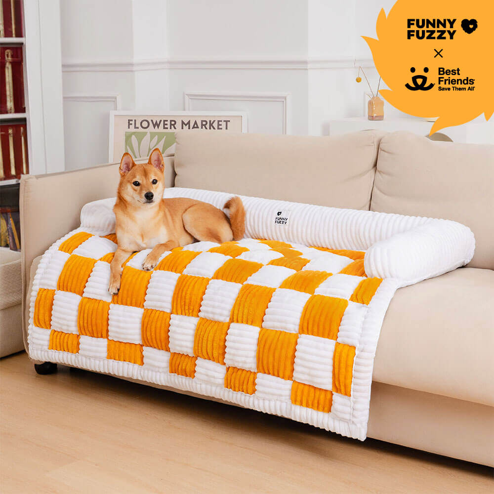 Cream Square Plaid Cozy Dog Mat Furniture Protector Cover, Yellow - XL