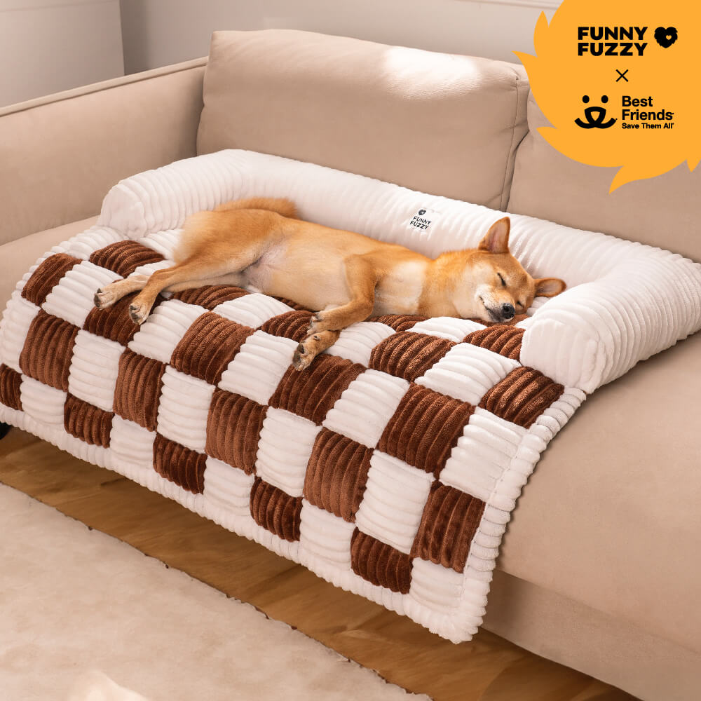 Cream Square Plaid Cozy Dog Mat Furniture Protector Cover, Brown - L