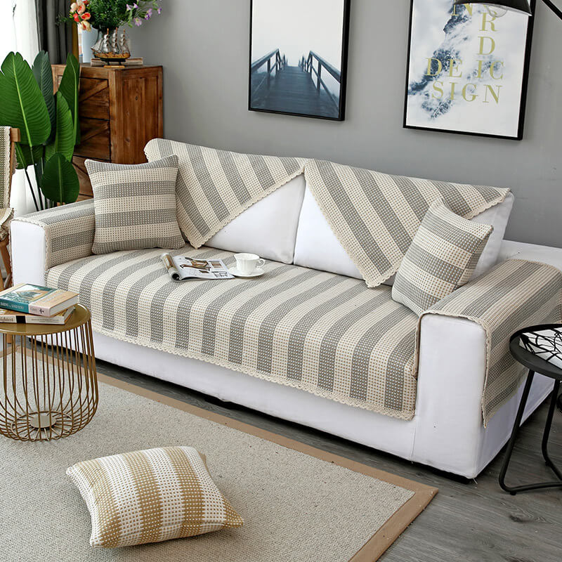 Cotton Linen Stripe Anti-scratch Furniture Protector Couch Cover, Grey - 35.4*63 in(1 pc)