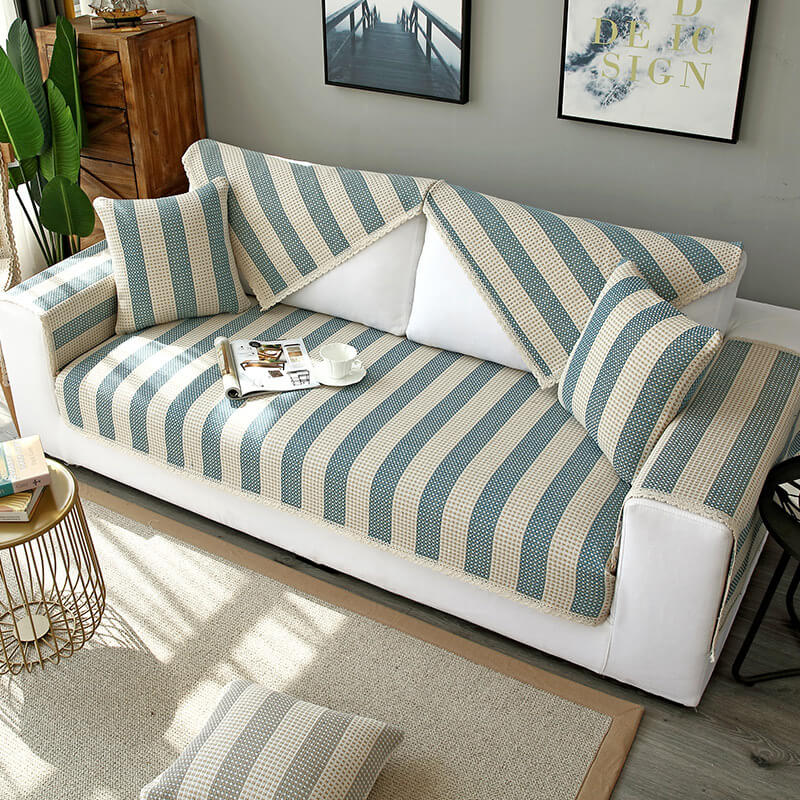 Cotton Linen Stripe Anti-scratch Furniture Protector Couch Cover, Blue - 27.6*27.6 in(1 pc)