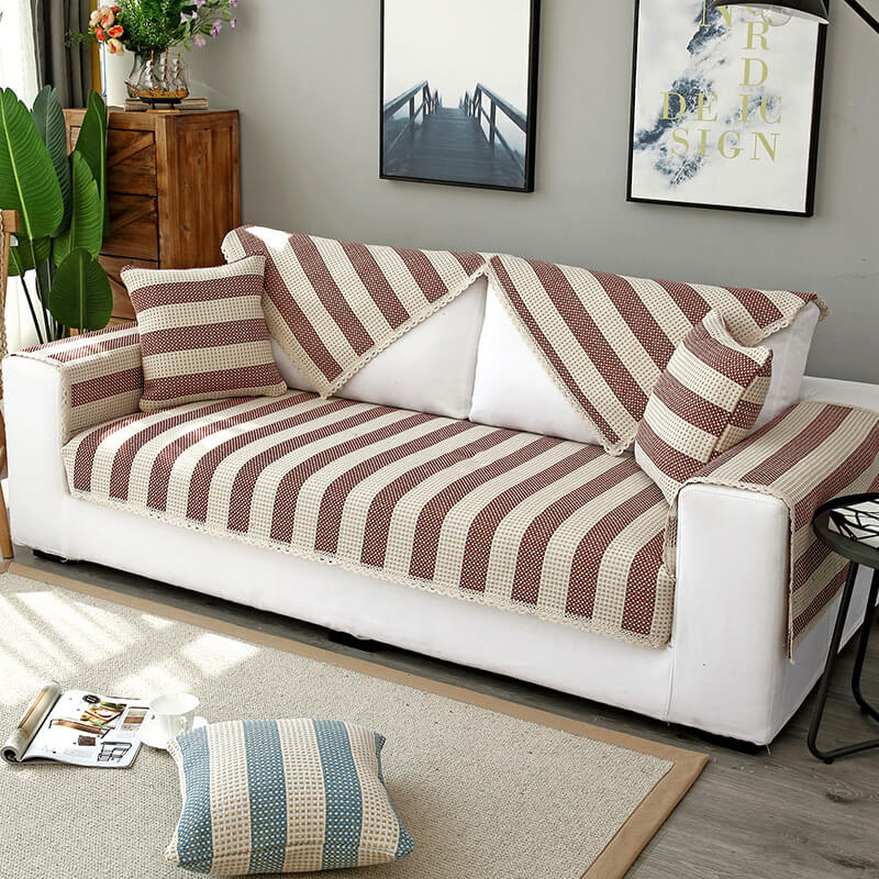 Cotton Linen Stripe Anti-scratch Furniture Protector Couch Cover, Red - 27.6*27.6 in(1 pc)