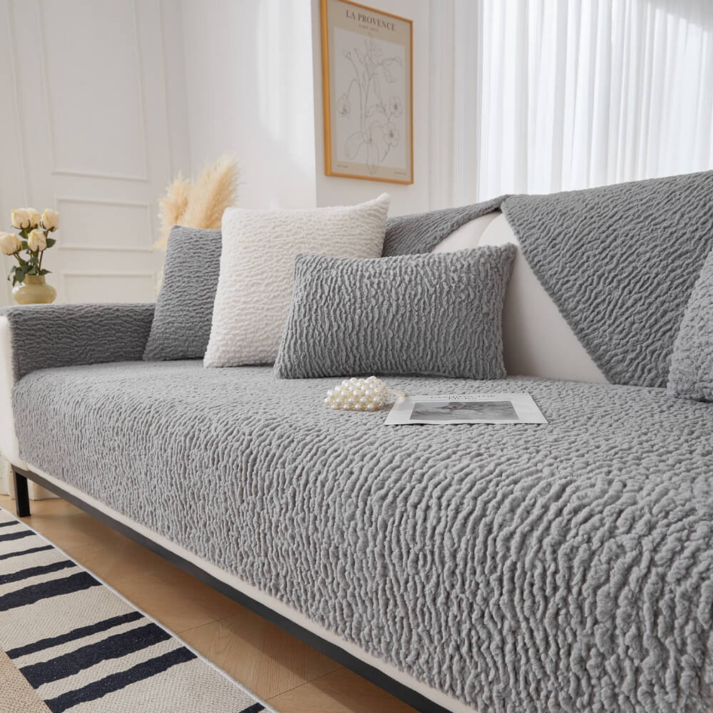 Cream Colour Berber Fleece Anti-Scratch Couch Cover, Grey - Two Seat Set(5 pcs)