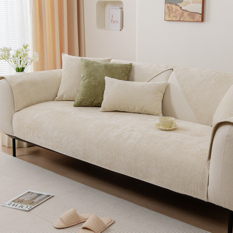 Delicate Waffle Chenille Fabric Furniture Protector Couch Cover, Beige - 27.6*27.6 in(1 pc)