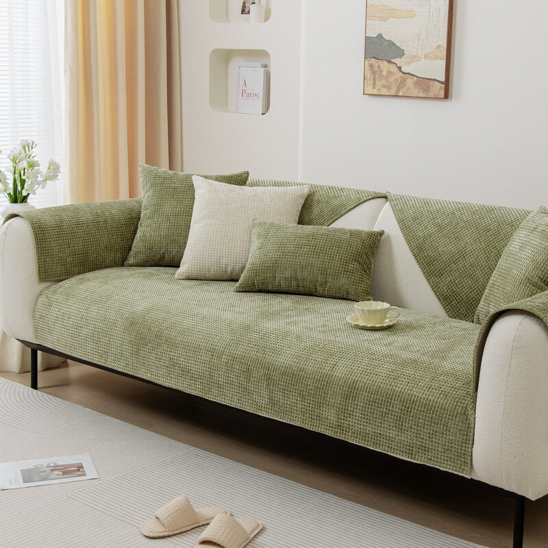 Delicate Waffle Chenille Fabric Furniture Protector Couch Cover, Green - Three Seat Set(6 pcs)