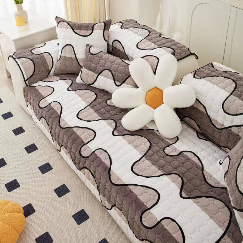 Milk Velvet Sofa Cover Furniture Non-slip Protection Couch Cover, Brown Waves - 27.56*27.56 in(1 pc)