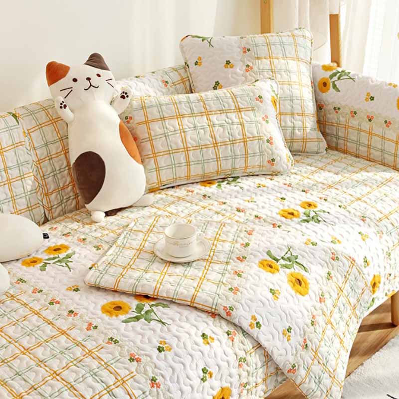 Printed Pure Cotton Anti-scratch Furniture Protector Couch Cover, Plaid flowers - Two Seat Set(5 pcs)