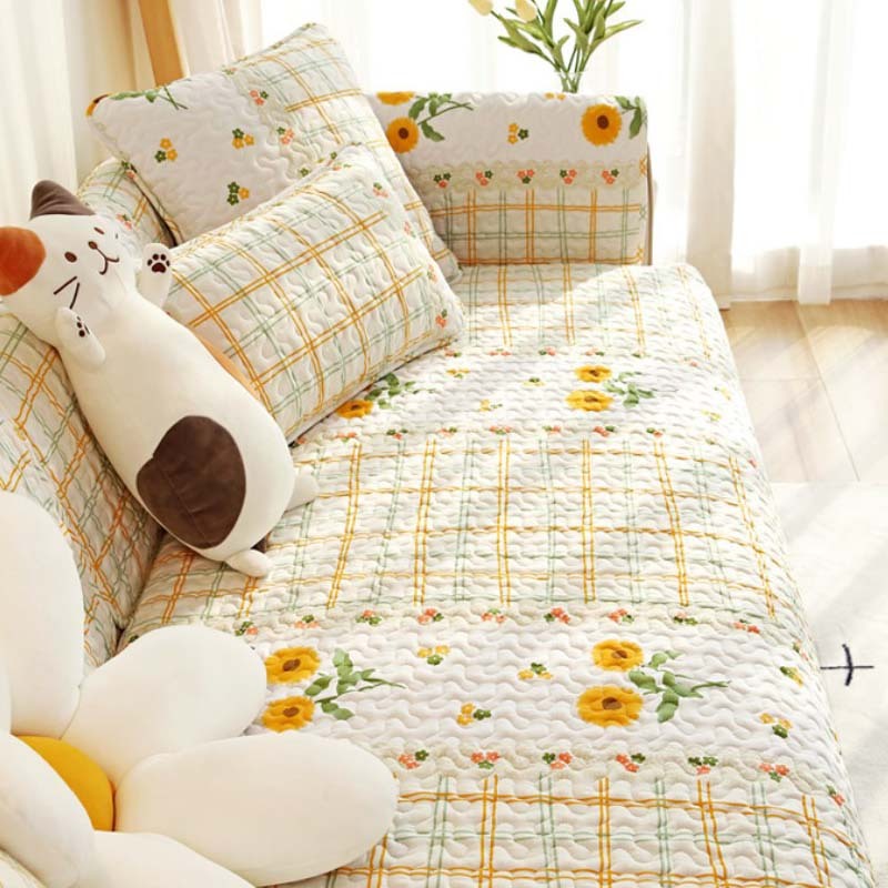Printed Pure Cotton Anti-scratch Furniture Protector Couch Cover, Plaid flowers - 35.4*70.8 inch(1 pc)