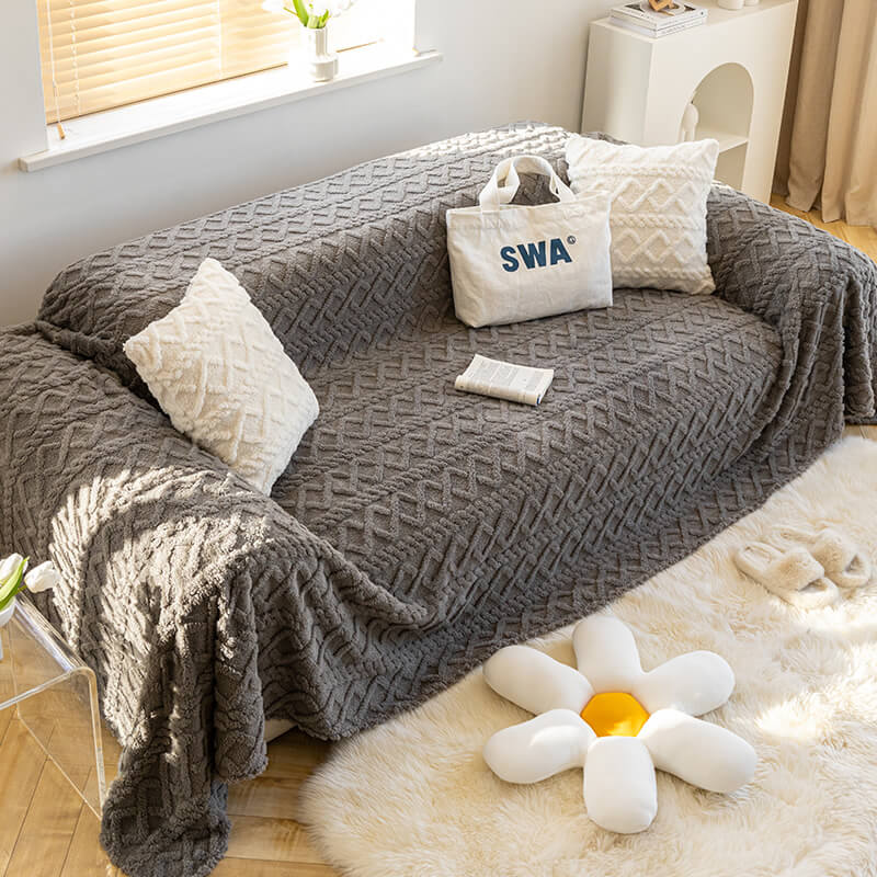 Solid Colour Fleece Furniture Protector Couch Cover, Grey - 70.9*149.61 in