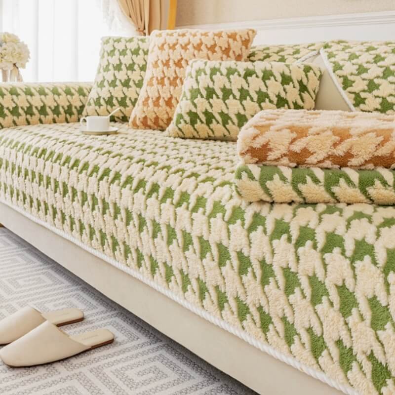 Houndstooth Plush Mat Furniture Protection Anti-Slip Couch Cover, Green - 35.4*47.2 in(1 pc)