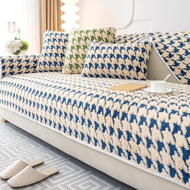 Houndstooth Plush Mat Furniture Protection Anti-Slip Couch Cover, Blue - 27.6*27.6 in(1 pc)