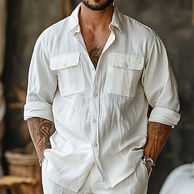 Homens Branco Manga Longa Gola Dobrada Verão Primavera  Outono Roupa