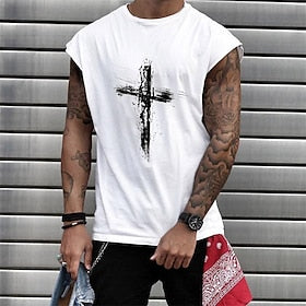 Graphic Cross White Navy Blue T shirt Tee Tank Top Men's Graphic Cotton Shirt Sports Lightweight Shirt Cap Sleeve Comfortable Tee Casual Holiday Summer Fashion