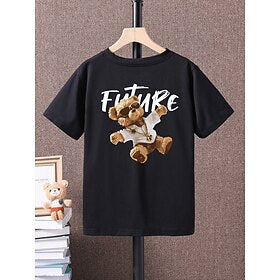 Infantil Para Meninos Camisa T Desenho Animado Urso Manga Curta Top infantil Escola Impressão 3D Moda Diário Verão Preto 8 a 13 Anos