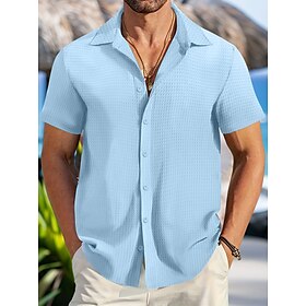 Homens Camisa Social camisa de verão Roupa de Praia camisa de botão Camisa casual Preto Branco Azul Claro Manga Curta Tecido Colarinho Diário Férias Roupa Moda