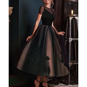 A-Line Evening Gown Black Dress Vintage Halloween Wedding Party Ankle Length Short Sleeve Illusion Neck Wednesday Addams Family Lace with Pleats Embroidery 202