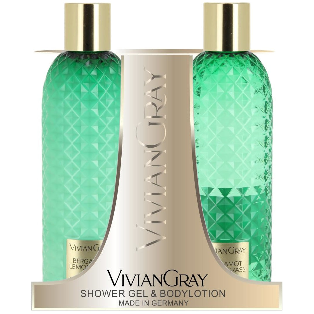 Ædelsten grønt sæt Vivian Gray: Bergamot og Citrongræs Cleansing Shower Gel til alle hudtyper 300 ml + Bergamot og Citrongræs Moisturizing Body Lotion