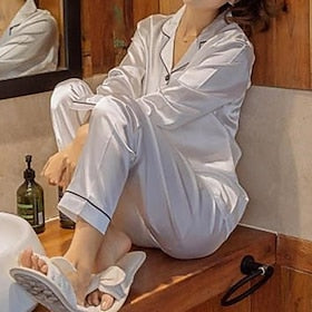 Women's Gift Pajamas Sets Home Christmas Party Daily Basic Pure Color Satin Simple Casual Soft Shirt Pant Fall Spring Summer Shirt Collar Long Sleeve Long Pant