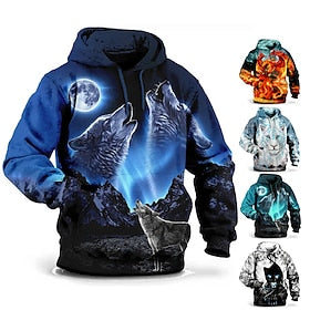 Men's Plus Size Pullover Hoodie Sweatshirt Big and Tall Wolf Hooded Long Sleeve Spring   Fall Fashion Streetwear Basic Comfortable Work Daily Wear Tops