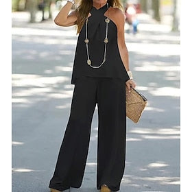 Tank Top Pants Sets Women's Black White Dark Navy Solid Color Casual Daily Fashion Halter Neck Regular Fit S