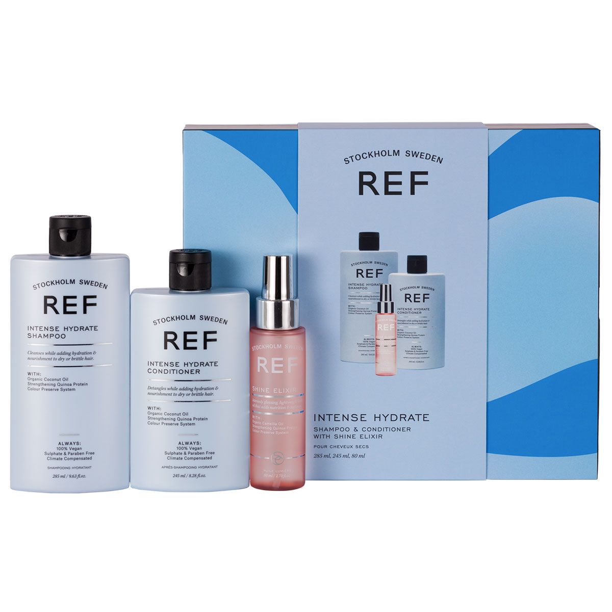 Gavesæt Ref Stockholm: Intense Hydration Shampoo 285ml + Hair Conditioner 245ml + Shine Elixir Hair Serum Softing 80ml