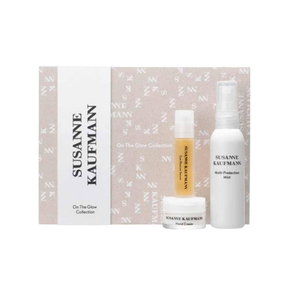 Pe setul de colecție Glow Susanne Kaufmann: Tonere faciale Spray hidratant de față fără sulfat 75 ml + Îngrijirea mâinilor și picioarelor Cremă hrănit