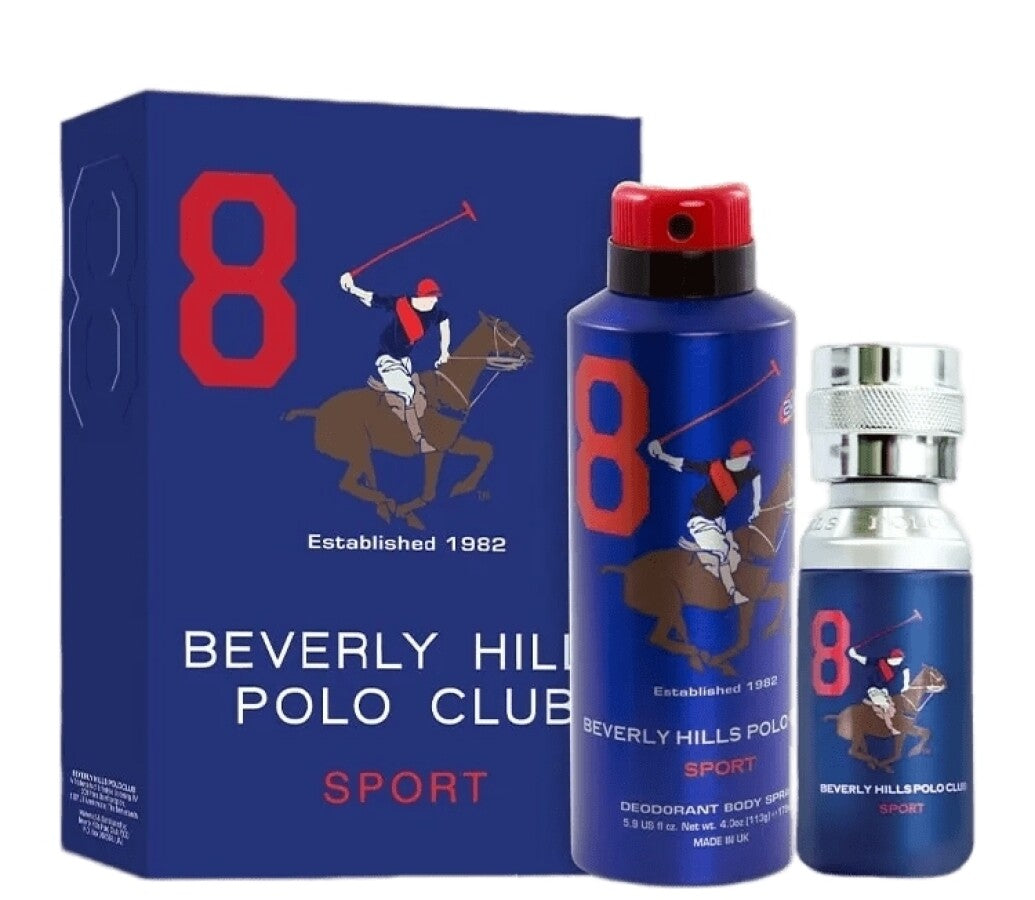 Presentset Beverly Hills Polo Club: 1982 - Sport 8, Eau de toilette, för män, 100 ml + 1982 - Sport 8, antiperspirant, deodorantspray, för män, 175 ml