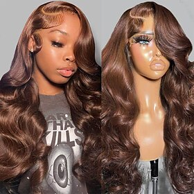 Cabelo Humano 13x4 Lace Front Peruca Parte livre Cabelo Peruviano Onda de Corpo Marrom Peruca 150% Densidade do Cabelo com o cabelo do bebê Sem cola Pré-depena