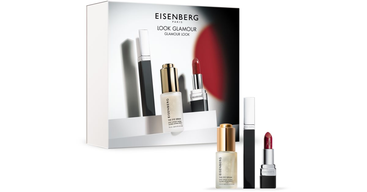 Eisenberg Glamour Look gavesæt til kvinder øjenserum 15 ml + ekstra volumen mascara 8 ml + rouge Opéra fugtgivende læbestift 3,5 g