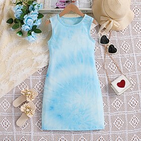 Infantil Para Meninas Vestido Tintura Tie Dye Sem Manga Escola Casual Moda Diário Poliéster Altura dos Joelhos Vestido casual Verão 7-13 anos Azul