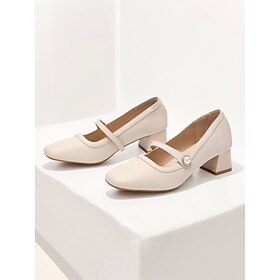 Sapatos mary jane creme femininos - sapatos elegantes de salto baixo e detalhes em pérolas