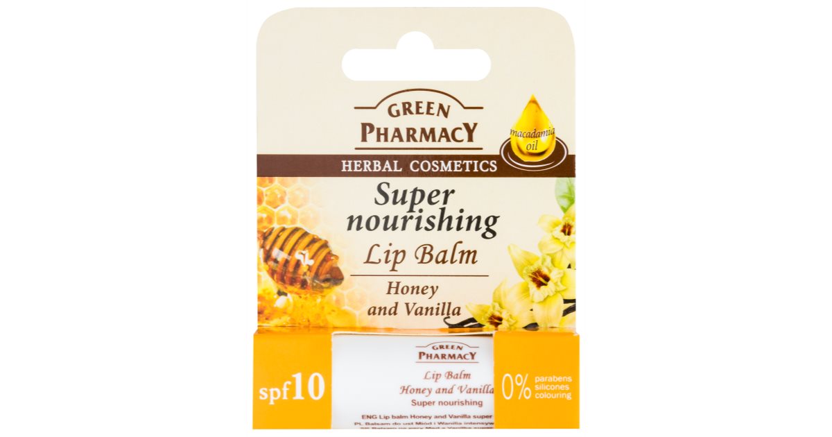Green Pharmacy Balsam de buze cu miere Balsam de buze nutritiv SPF 10 fără siliconi, parabeni și coloranți 3,6 g