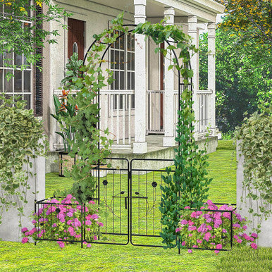 87" 2-Door Metal Garden Arbor Trellis with Side Planters